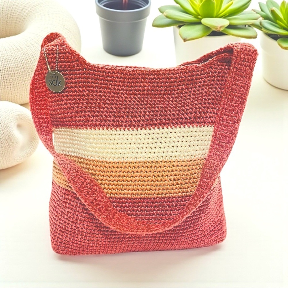 The Sak Crochet Shoulder Bag Pink Orange White Striped Hobo Purse